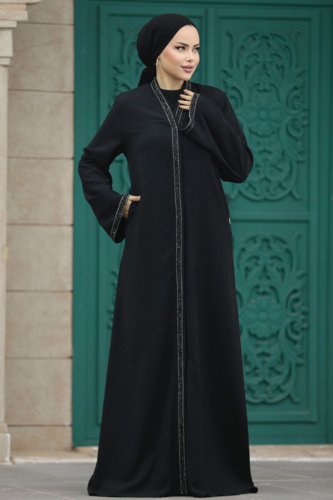 Neva Style - Boncuk İşlemeli Siyah Tesettür Ferace 20070S - 1