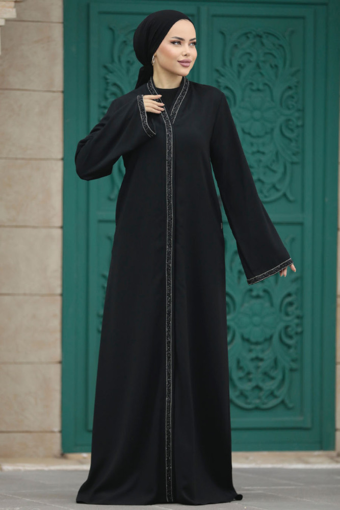Neva Style - Boncuk İşlemeli Siyah Tesettür Ferace 20070S - 2