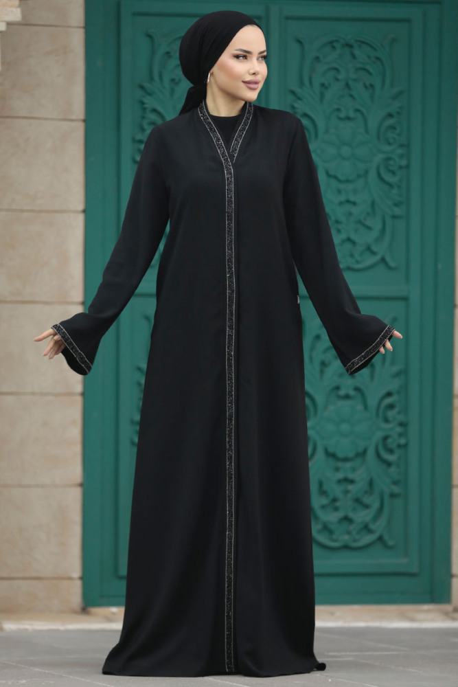 Neva Style - Boncuk İşlemeli Siyah Tesettür Ferace 20070S - 3
