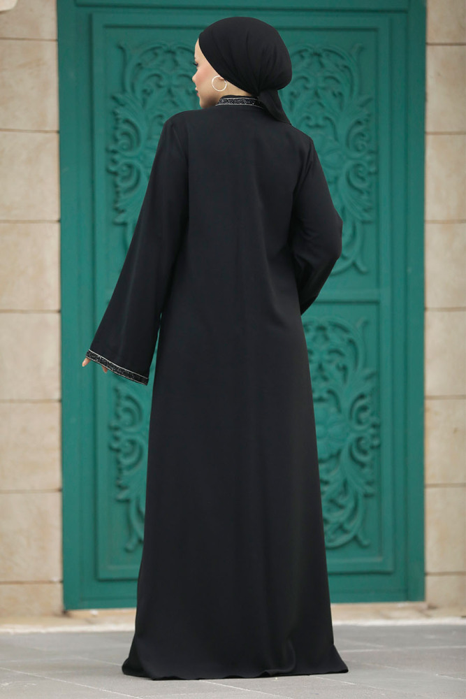 Neva Style - Boncuk İşlemeli Siyah Tesettür Ferace 20070S - 4