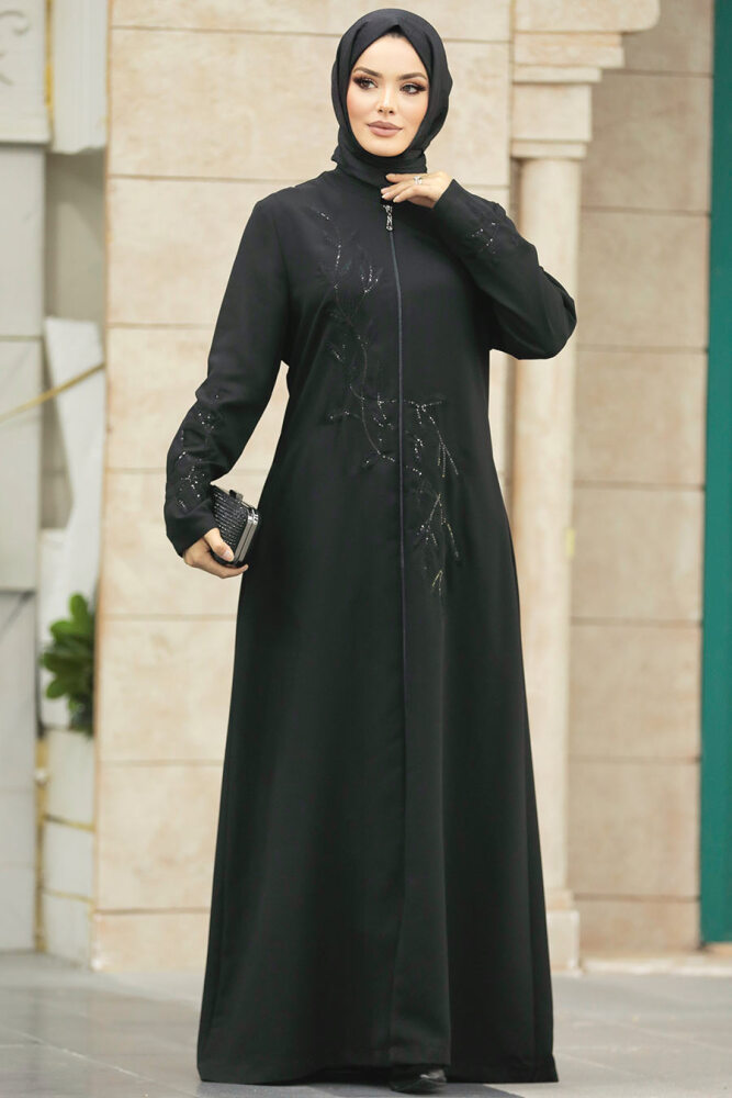 Neva Style - Boncuk İşlemeli Siyah Tesettür Ferace 20952S - 2
