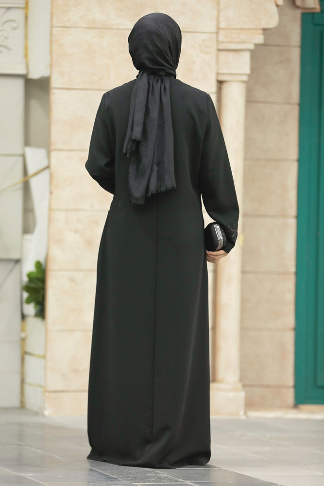 Neva Style - Boncuk İşlemeli Siyah Tesettür Ferace 20952S - 3