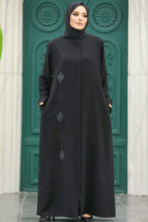 Neva Style - Boncuk İşlemeli Siyah Tesettür Ferace 60108S - 1