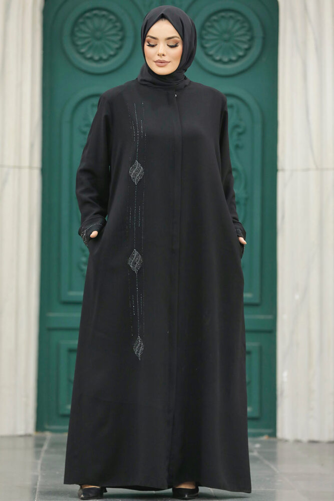 Neva Style - Boncuk İşlemeli Siyah Tesettür Ferace 60108S - 2