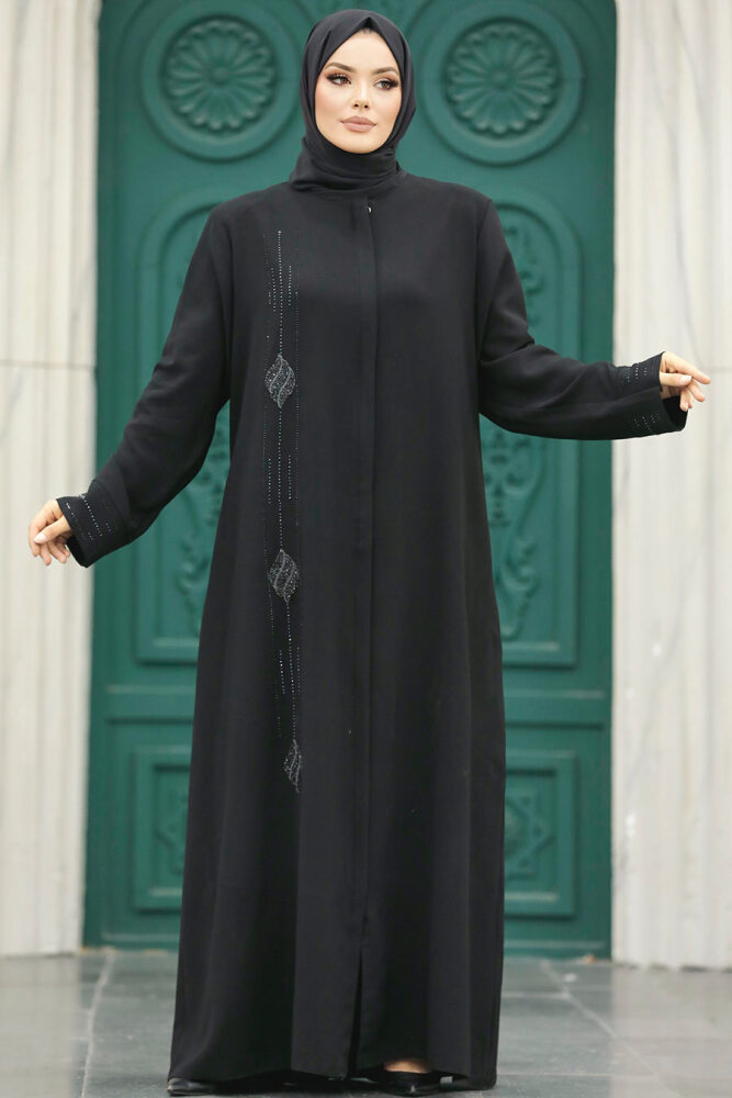 Neva Style - Boncuk İşlemeli Siyah Tesettür Ferace 60108S - 3