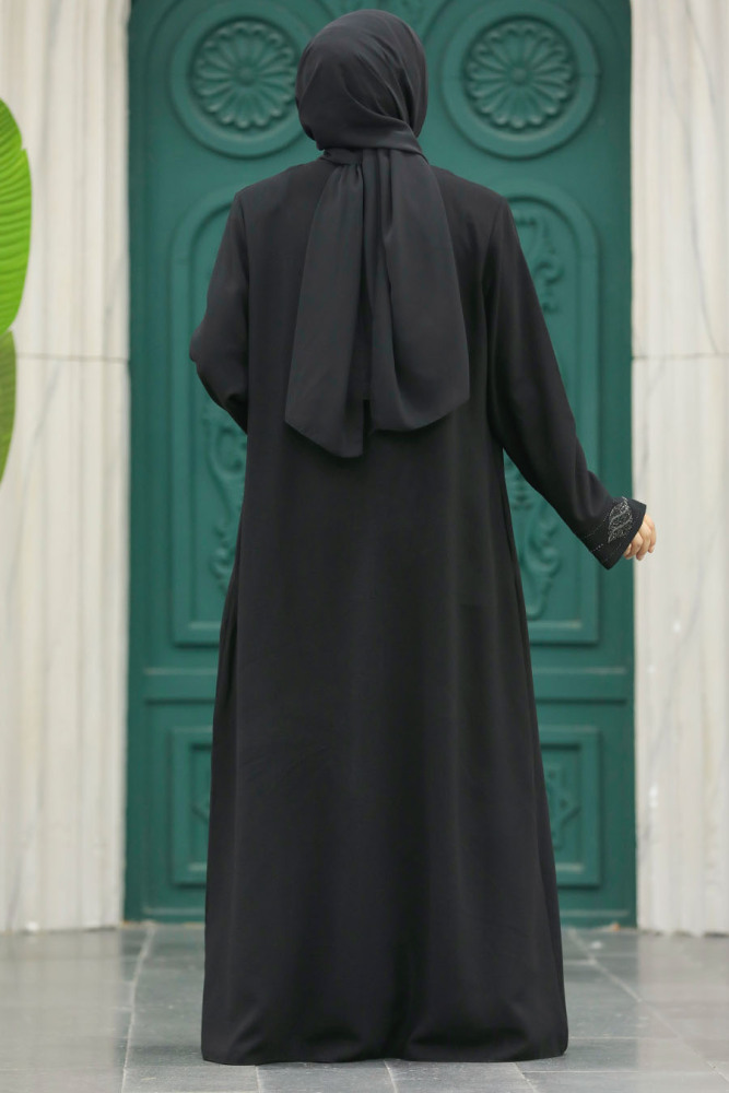 Neva Style - Boncuk İşlemeli Siyah Tesettür Ferace 60108S - 4