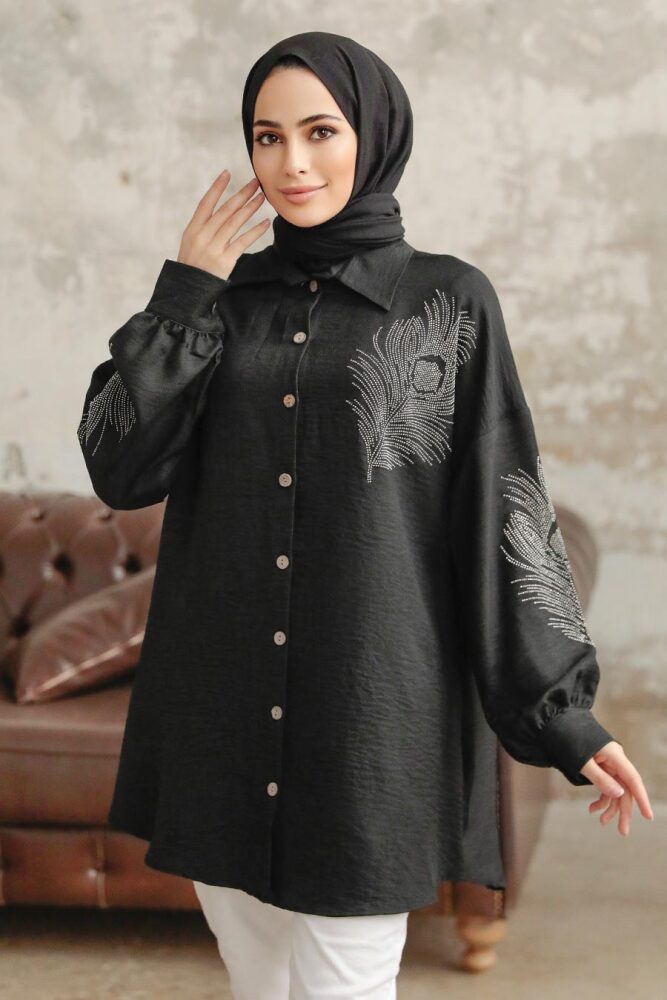 Neva Style - Boncuk İşlemeli Siyah Tesettür Tunik 11351S - 3