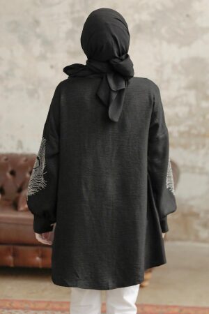 Neva Style - Boncuk İşlemeli Siyah Tesettür Tunik 11351S - 4