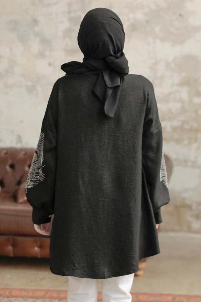 Neva Style - Boncuk İşlemeli Siyah Tesettür Tunik 11351S - 4
