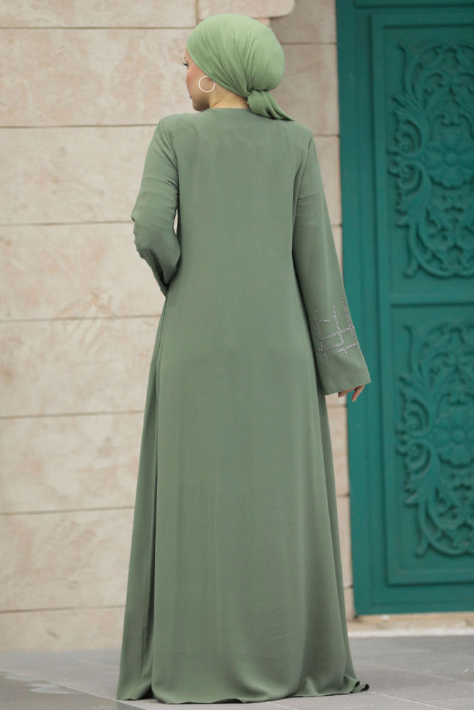 Neva Style - Boncuk İşlemeli Yeşil Tesettür Ferace 20059Y - 4