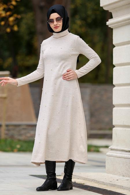 Neva Style - Boncuklu Bej Tesettür Triko Tunik 1632BEJ - 2