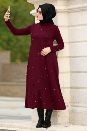 Neva Style - Boncuklu Bordo Tesettür Triko Tunik 1632BR - 1