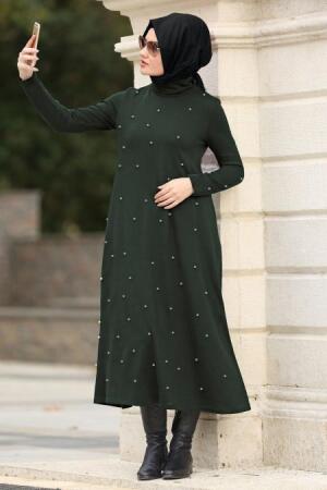 Neva Style - Boncuklu Haki Tesettür Triko Tunik 1632HK - 1