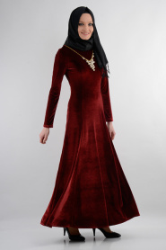 Neva Style - Bordo Kadife Elbise - Thumbnail