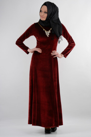 Neva Style - Bordo Kadife Elbise - Thumbnail
