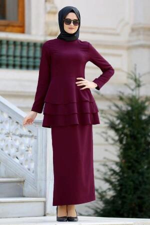 Neva Style - Mürdüm Peplum Bluz / Etek Tesettür Takım 42050MU - 1