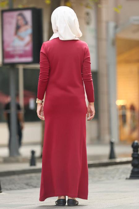 Neva Style - Bordo Tesettür Triko Elbise 15369BR - 2