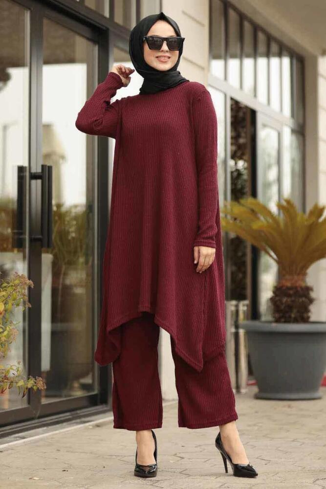 Neva Style - Bordo Tesettür Triko İkili Takım 948BR - 1