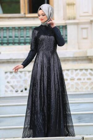 Neva Style - Pul Payetli Siyah Tesettür Abiye Elbise 3558S - 1