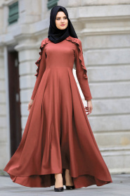 Fırfırlı Kahverengi Tesettür Elbise 41820KH - Thumbnail