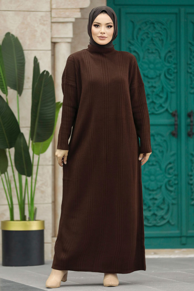 Neva Style - Brown Hijab Knitwear Dress 34150KH - 1