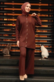 Neva Style - Brown Hijab Knitwear Dual Dress 33860KH - Thumbnail