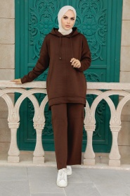 Neva Style - Brown Hijab Knitwear Islamic Clothing Dual Suit 25030KH - Thumbnail