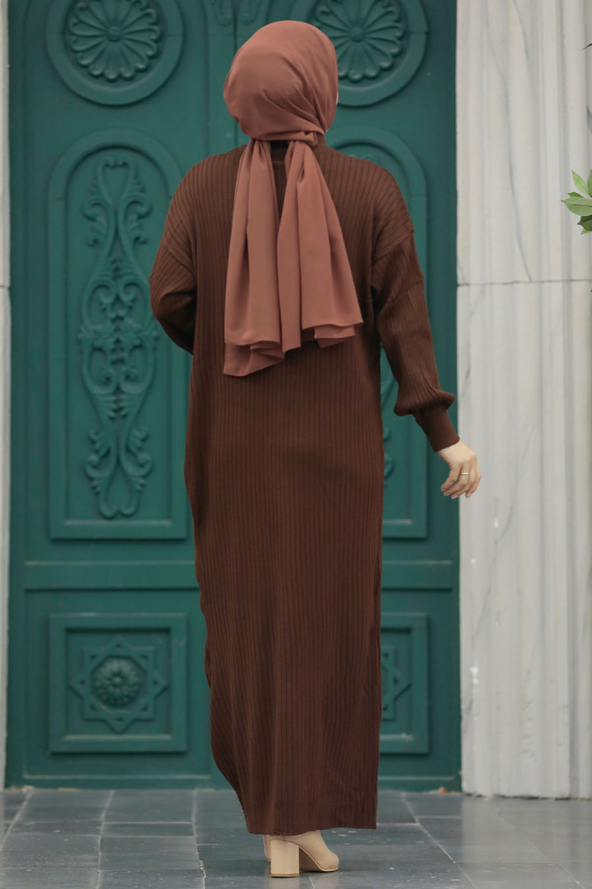 Neva Style - Brown Hijab Maxi Knitwear Dress 4852KH - 3