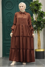 Neva Style - Brown Hijab Turkish Dress 5884KH - Thumbnail
