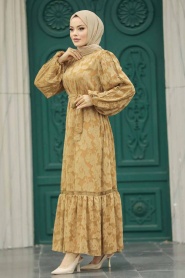 Neva Style - Brown Islamic Clothing Dress 13541KH - Thumbnail