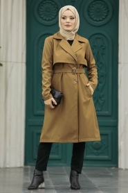 Neva Style - Brown Islamic Clothing Trench Coat 59371KH - Thumbnail