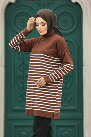 Neva Style - Brown Knitwear Hijab Tunic 10141KH - Thumbnail