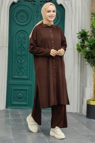 Neva Style - Brown Knitwear Hijab Turkish Dual Suit 34181KH - Thumbnail
