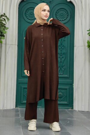 Neva Style - Brown Knitwear Hijab Turkish Dual Suit 34181KH - 2