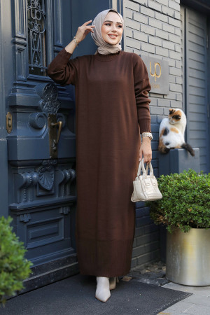 Neva Style - Brown Long Dress for Muslim Ladies Knitwear Dress 3409KH - 2