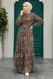 Neva Style - Brown Muslim Dress 3356KH - Thumbnail