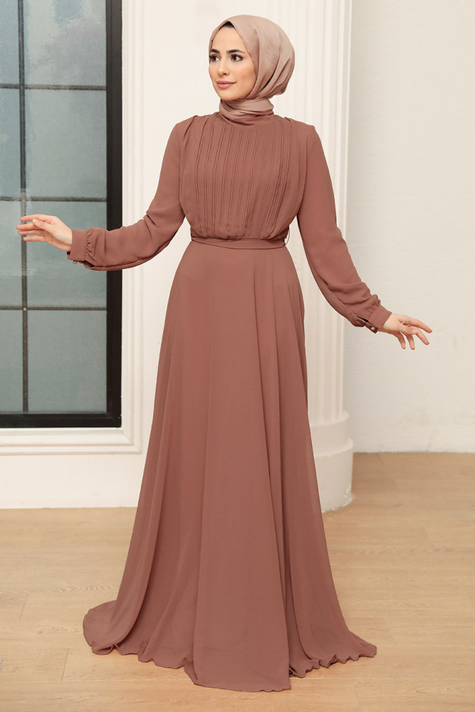 Neva Style - Brown Turkish Hijab Evening Gown 3371KH - 1
