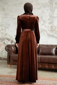 Neva Style - Brown Velvet Hijab Turkish Dress 3775KH - Thumbnail