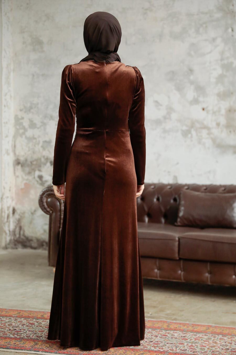 Neva Style - Brown Velvet Hijab Dress 36891KH