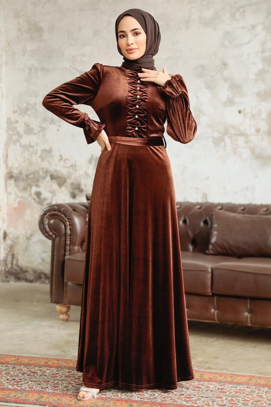 Neva Style - Brown Velvet Hijab Maxi Dress 37091KH