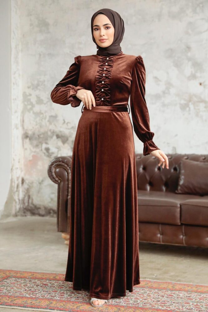 Neva Style - Brown Velvet Hijab Maxi Dress 37091KH - 3