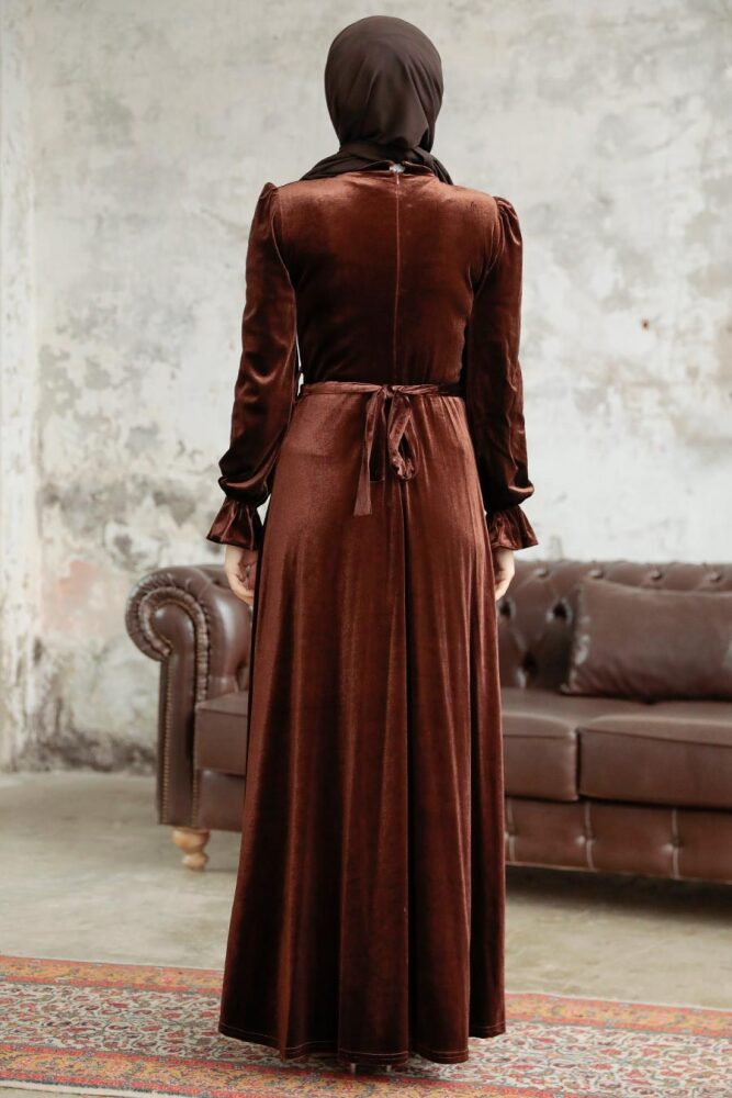 Neva Style - Brown Velvet Hijab Maxi Dress 37091KH - 4