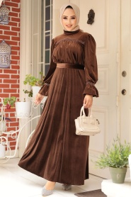 Neva Style - Brown Velvet Long Dress for Muslim Ladies 37291KH - Thumbnail