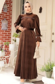 Neva Style - Brown Velvet Long Dress for Muslim Ladies 37291KH - Thumbnail