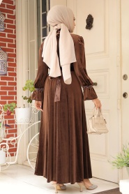 Neva Style - Brown Velvet Long Dress for Muslim Ladies 37291KH - Thumbnail