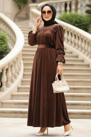 Brown Velvet Long Dress for Muslim Ladies 37291KH - 1
