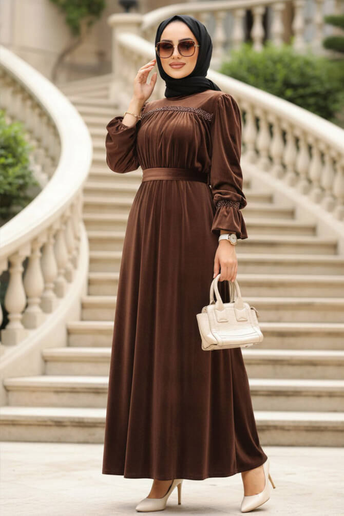 Brown Velvet Long Dress for Muslim Ladies 37291KH - 1