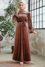 Neva Style - Brown Velvet Long Dress for Muslim Ladies 37291KH - Thumbnail
