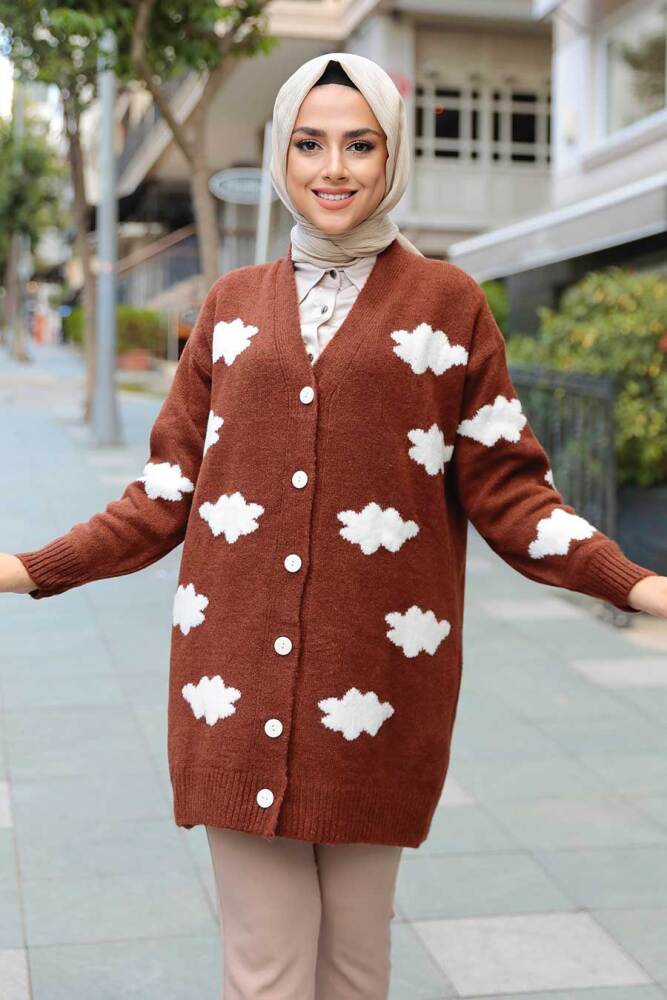 Neva Style - Bulut Desenli Kahverengi Tesettür Triko Hırka 8002KH - NEVA STYLE