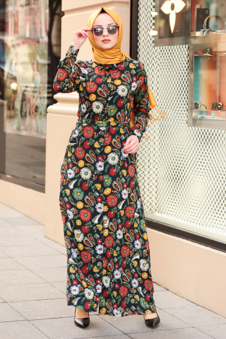 Neva Style - Buttoned Patterned Hijab Dress - 1379DSN
